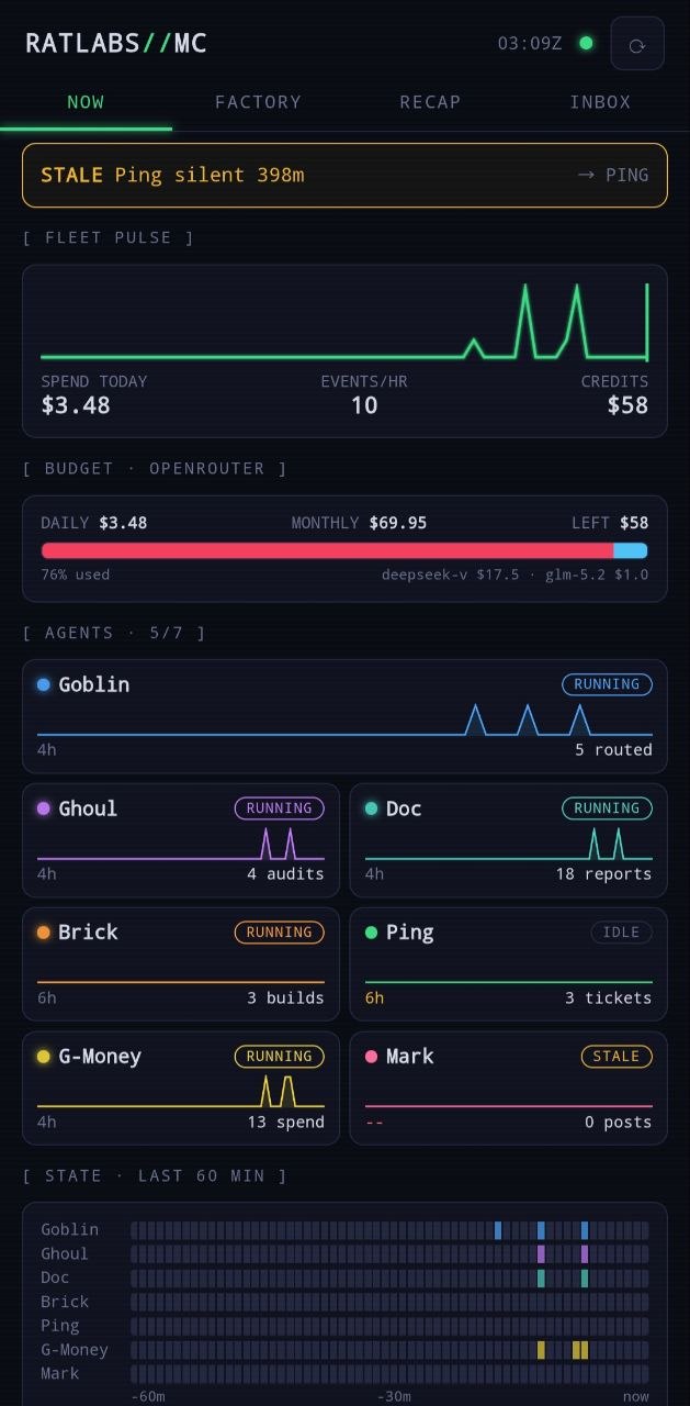 NOW tab showing live agent activity feed