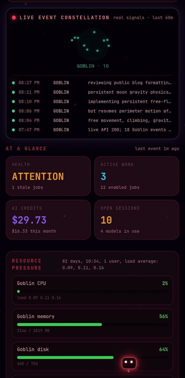 Live event constellation, at-a-glance health, and resource pressure